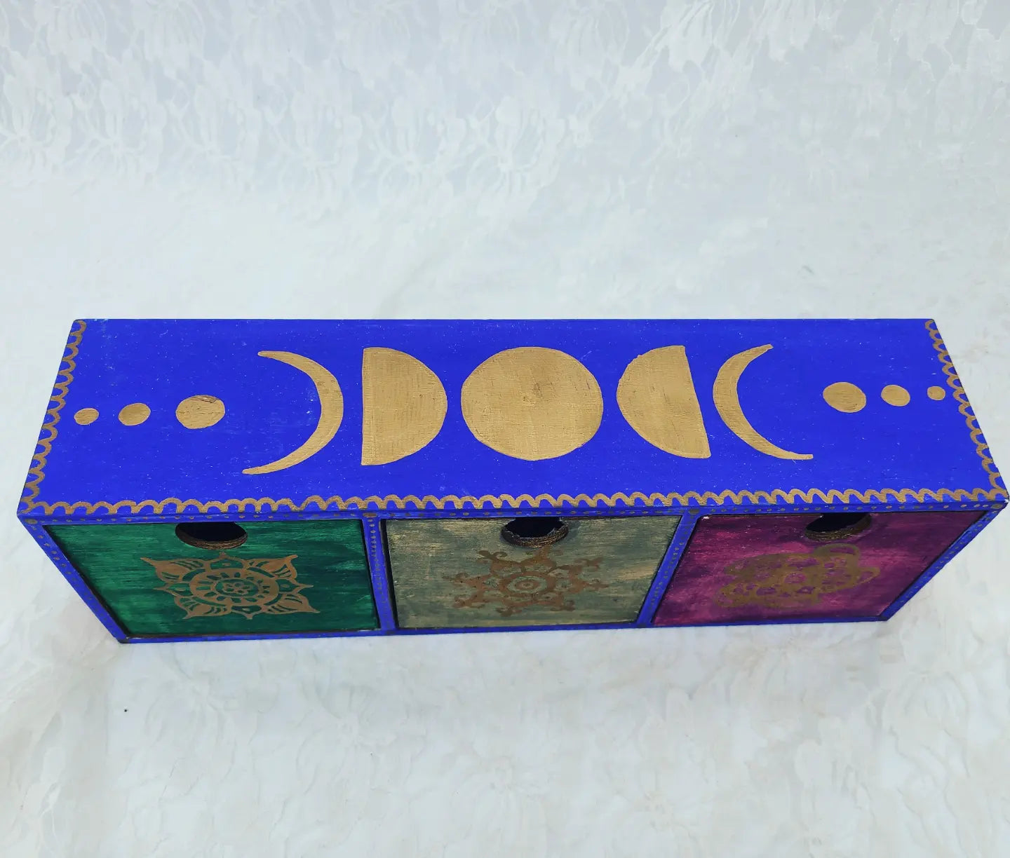 Handmade Three Drawer Herb Shelf ~ Wooden Box ~ Moon Phases ~ Witch Supplies