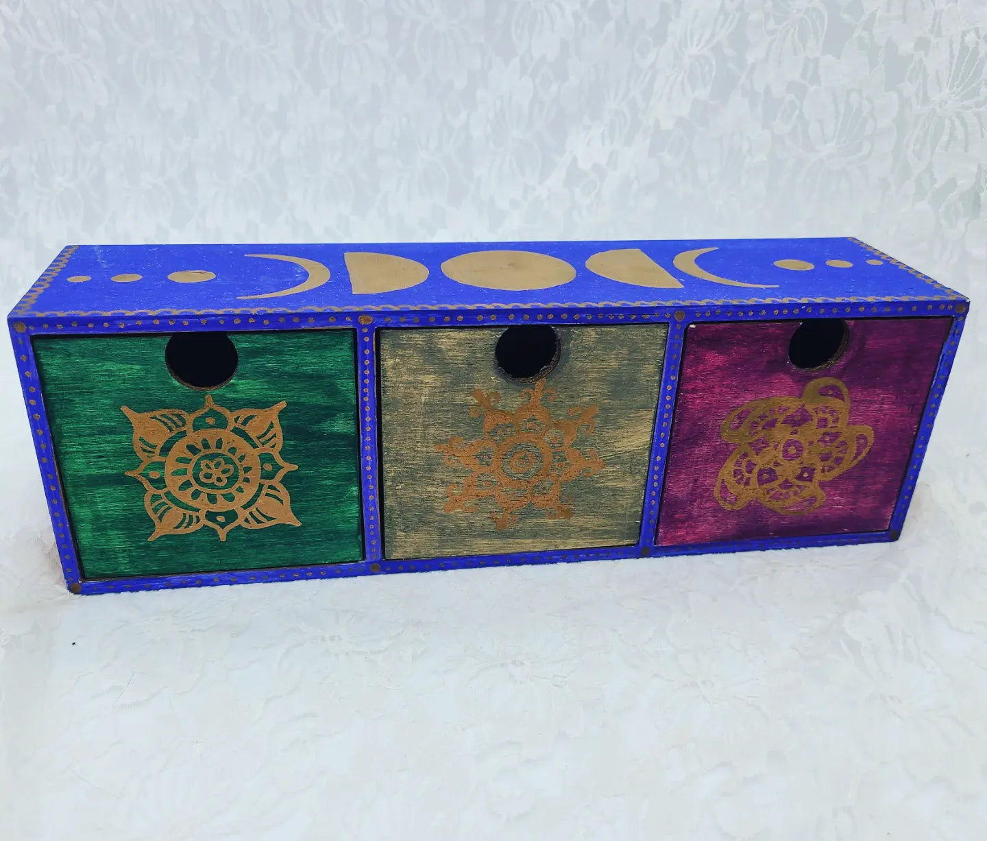 Handmade Three Drawer Herb Shelf ~ Wooden Box ~ Moon Phases ~ Witch Supplies