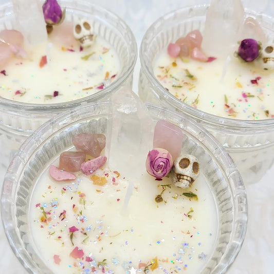 Handmade Scented Self Love Goddess Candles ~ Rose Quartz ~ Clear Quartz Point ~ Spellcast Soy Wax Candle ~ Renewal