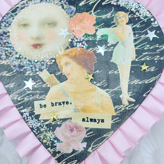 Be Brave, Always Collage Mixed Media Heart Shaped Trinket Box ~ Love Magick ~ Filled with Goodies ~ OOAK Box plus Mini Spell Jar, and Crystals ~ Valentine's Day Gift