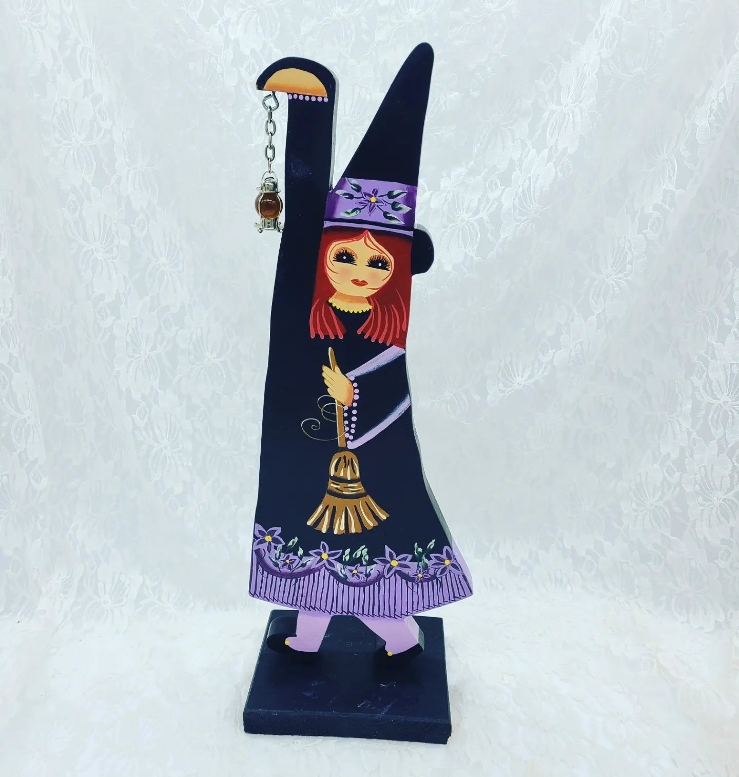 Hand Painted Witch ~ HANDMADE Wood Art Stand Up Decoration Décor Ornament Figure Sign 17" tall ~ Witchy Decoration