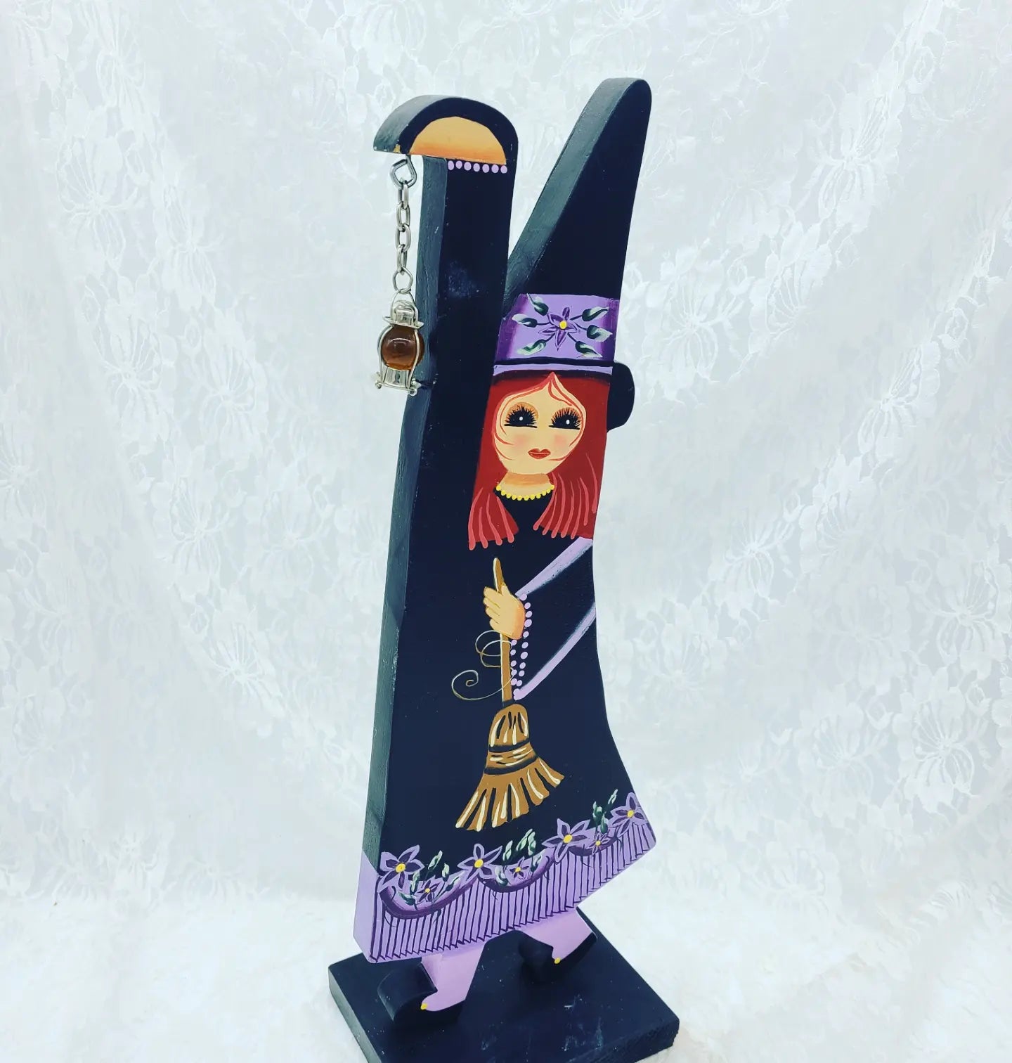 Hand Painted Witch ~ HANDMADE Wood Art Stand Up Decoration Décor Ornament Figure Sign 17" tall ~ Witchy Decoration