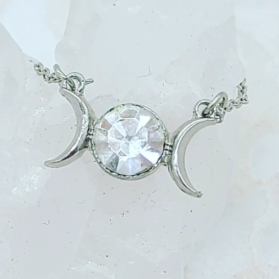 FACETED SWAROVSKI Triple Moon Necklace ~ Choose Your Stone ~ Stainless Steel ~ On 17" Chain ~ Perfect Gift ~ Comes Boxed Up