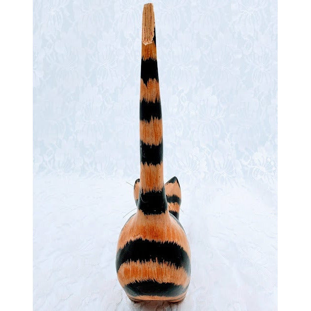 Hand Carved & Painted Wooden Folk Art Cat ~ Laying Down Kitty Kat Statue with Long Tail ~ Ring-Holder~ Sold As-Is