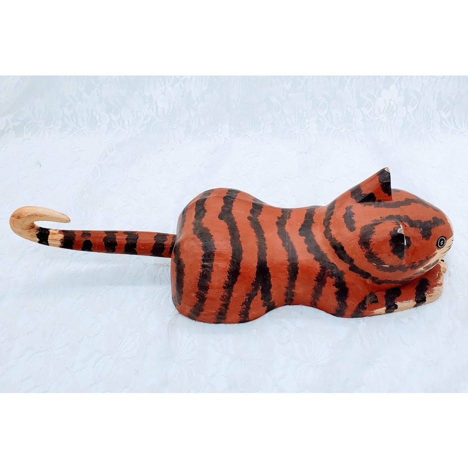 Hand Painted Carved Wooden Folk Art Cat ~ Vintage 1960 Laying Down Kitty Kat Statue ~ 16" long by 5" wide and 7" tall