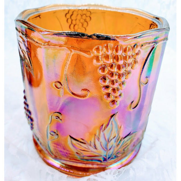 Set of 2 ~ANTIQUE Carnival Harvest Grape Compote Bowl & Vase Set ~ Colony Amber Marigold ~ Depression Glass ~ Carnival Glass ~ Indiana Glass