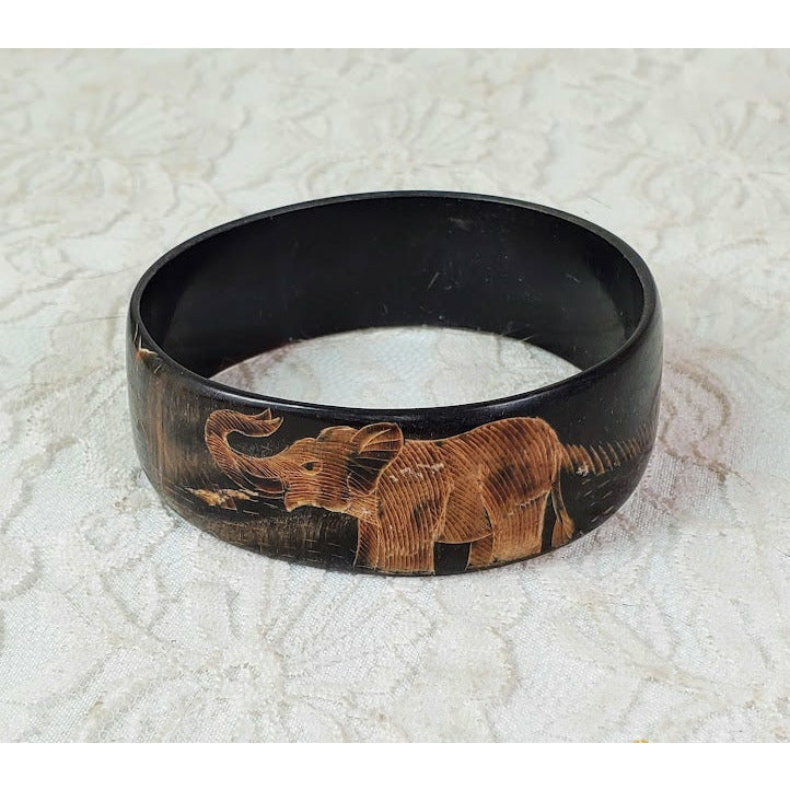 Products Vintage Bohemian Bracelet ~ Hand Carved Water Buffalo Horn ~ Engraved Elephant Peacock Bangle Bracelet ~ Engraved ~ India ~ 24mm Wide ~ Boho Hippie Bracelet