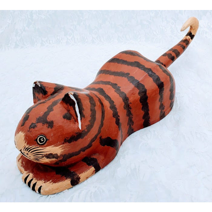 Hand Painted Carved Wooden Folk Art Cat ~ Vintage 1960 Laying Down Kitty Kat Statue ~ 16" long by 5" wide and 7" tall