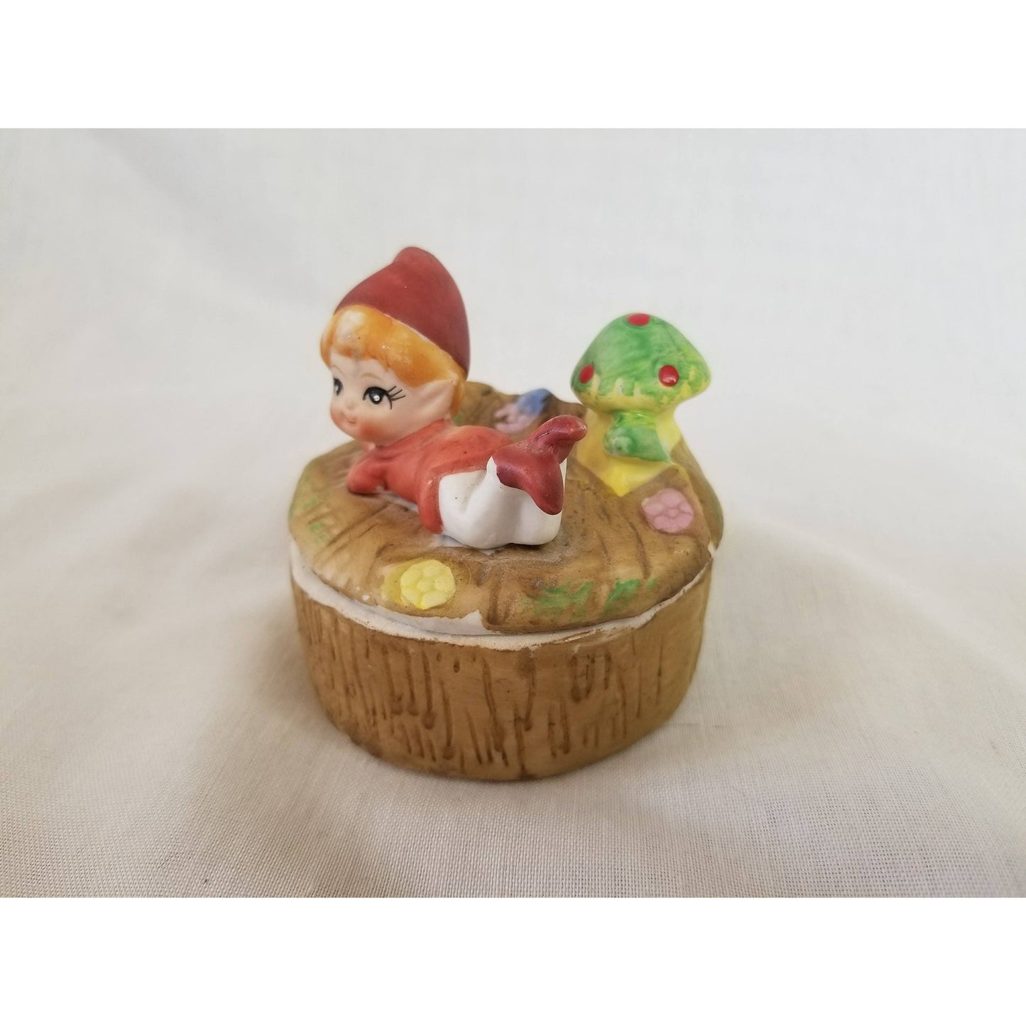 Trinket Box Vintage HOMCO Mid Century Bisque Porcelain Elf Pixie with Green Magic Mushroom Lidded Trinket Box