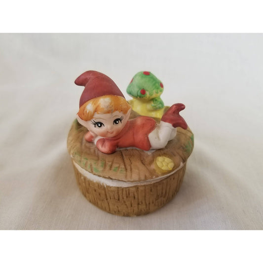 Trinket Box Vintage HOMCO Mid Century Bisque Porcelain Elf Pixie with Green Magic Mushroom Lidded Trinket Box