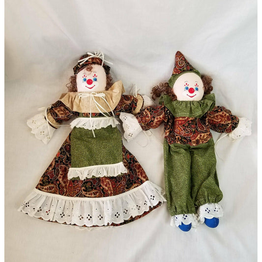 Set of 2 Primitive Country Man and Woman Clown Dolls ~ Cloth Dolls ~ Fabric Dolls ~ Rag Dolls ~ Stuffed Dolls ~ Textile Dolls