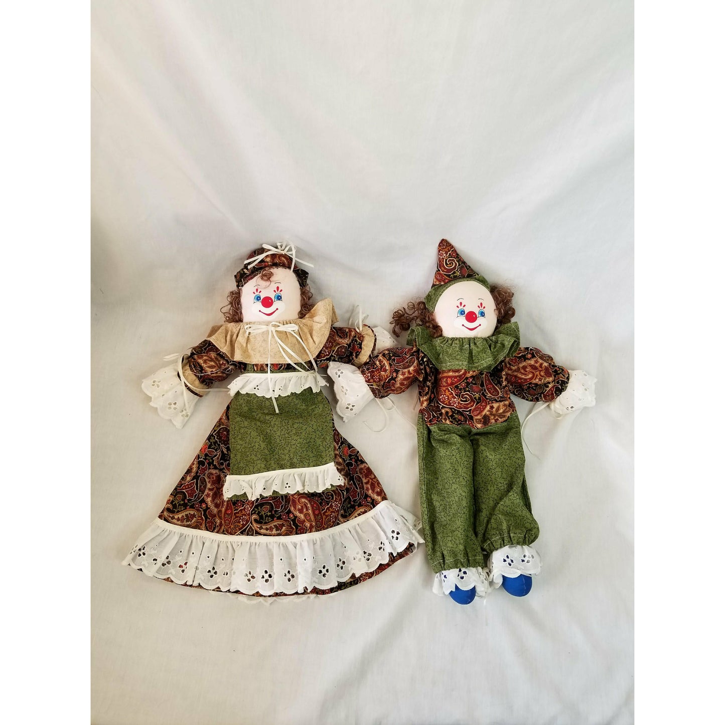 Set of 2 Primitive Country Man and Woman Clown Dolls ~ Cloth Dolls ~ Fabric Dolls ~ Rag Dolls ~ Stuffed Dolls ~ Textile Dolls