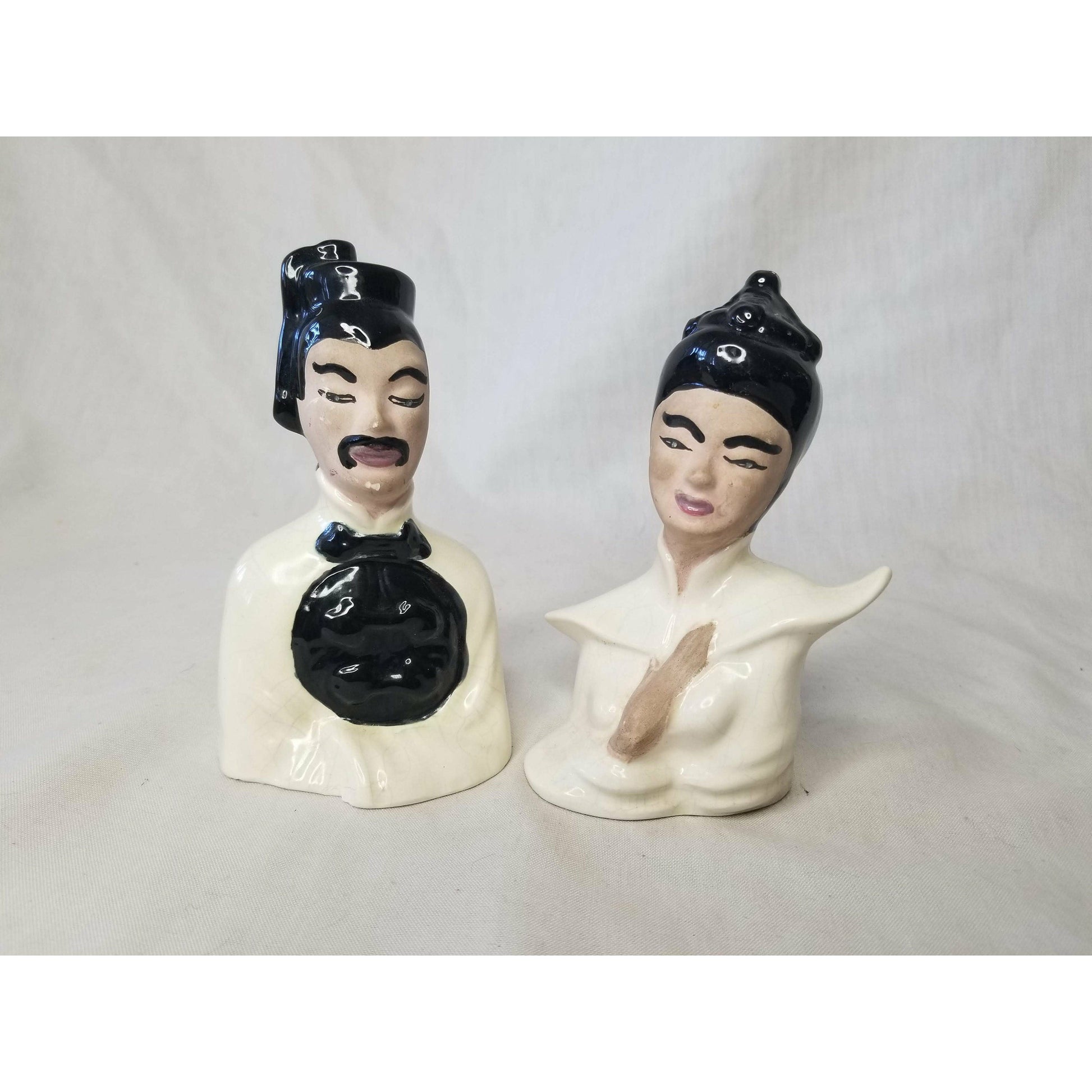 Thai Chinese Asian Porcelain Man & Woman Head Busts ~ Mid Century Modern 1950s ~ Collectible Figurine Set of 2
