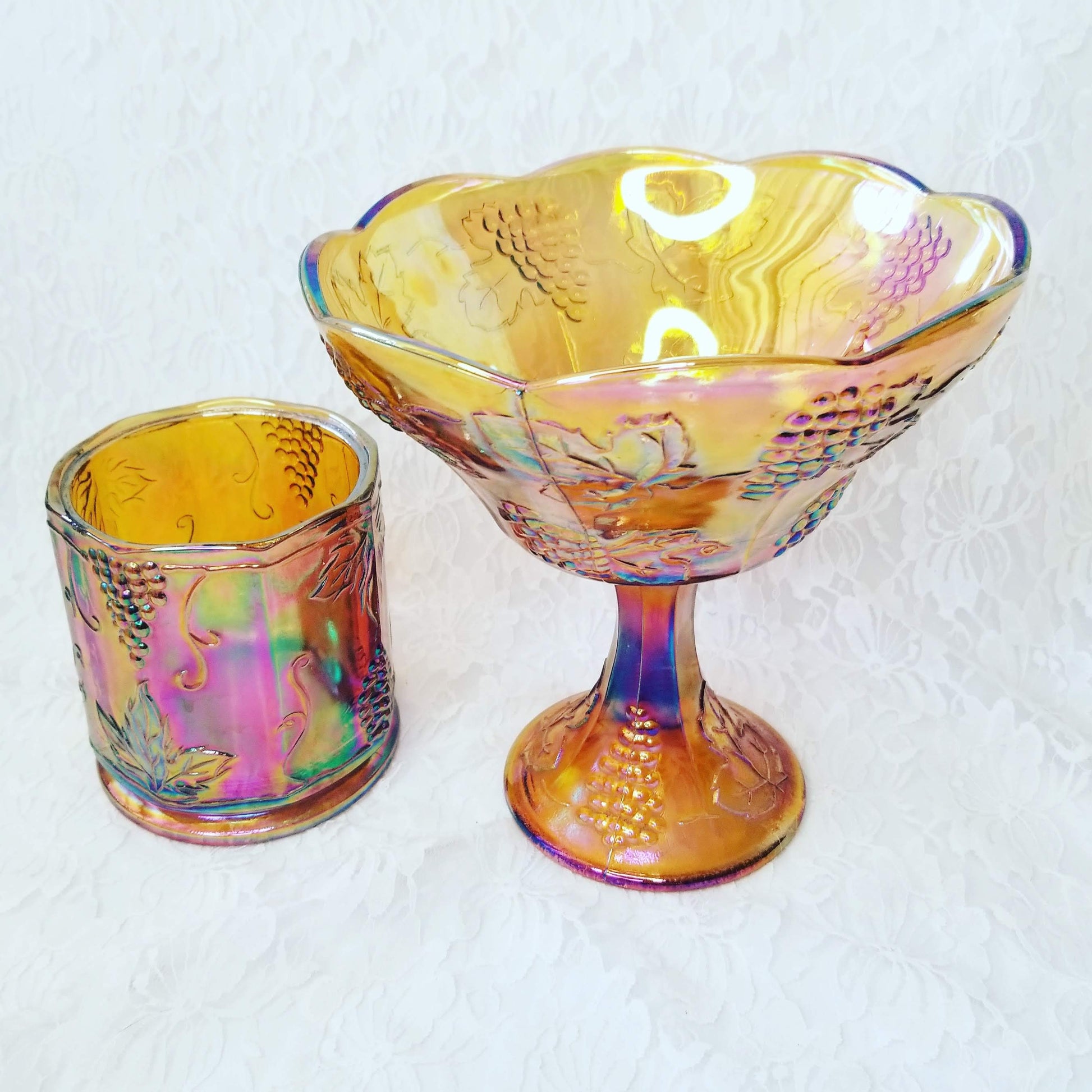 Set of 2 ~ Carnival Harvest Grape Compote Bowl and Vase Set ~ Colony Amber Marigold ~ Depression Glass ~ Carnival Glass ~ Indiana Glass