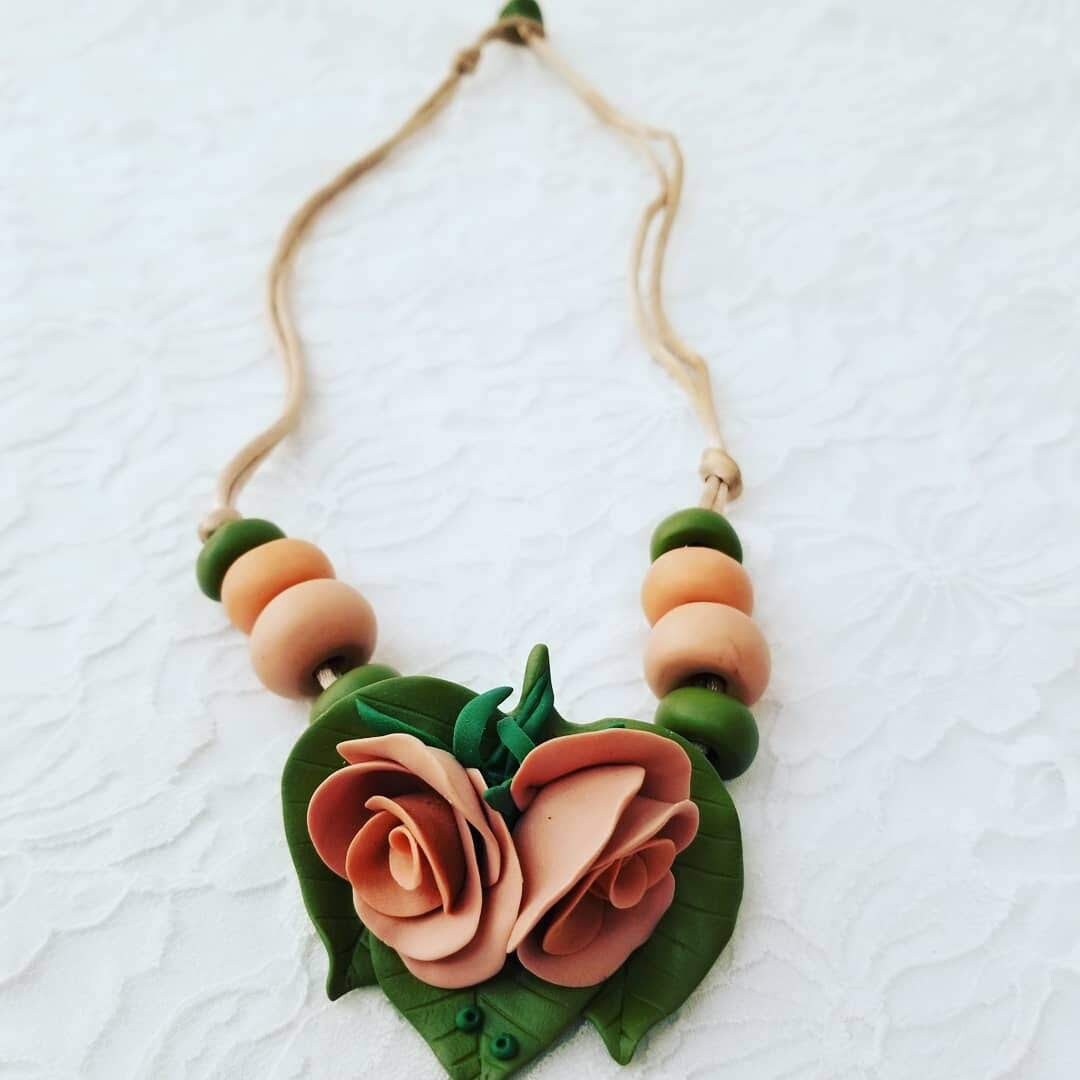 Polymer Clay Pink and Green Rose Necklace on Silk Lariat Necklace ~ Signed "Alice" OOAK
