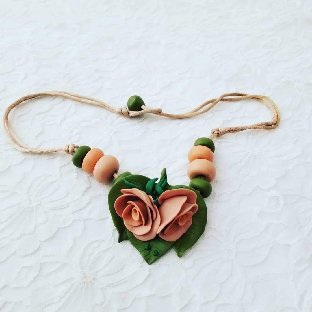 Polymer Clay Pink and Green Rose Necklace on Silk Lariat Necklace ~ Signed "Alice" OOAK