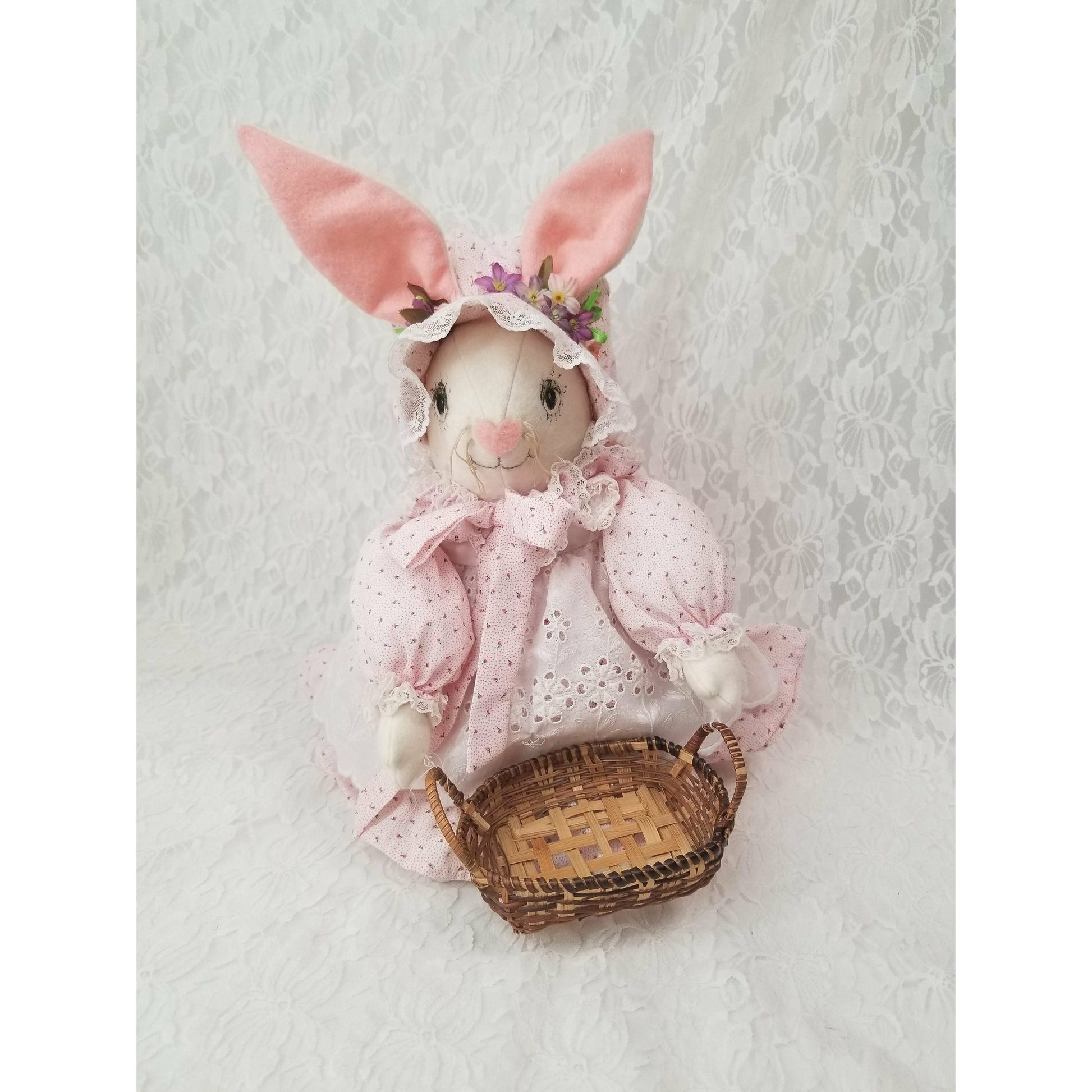 Bunny Rabbit Hare Girl Doll ~ Handmade Vintage 1980s 16" OOAK Cloth ~ Carrying a Wicker Basket ~ Textile Rag Doll