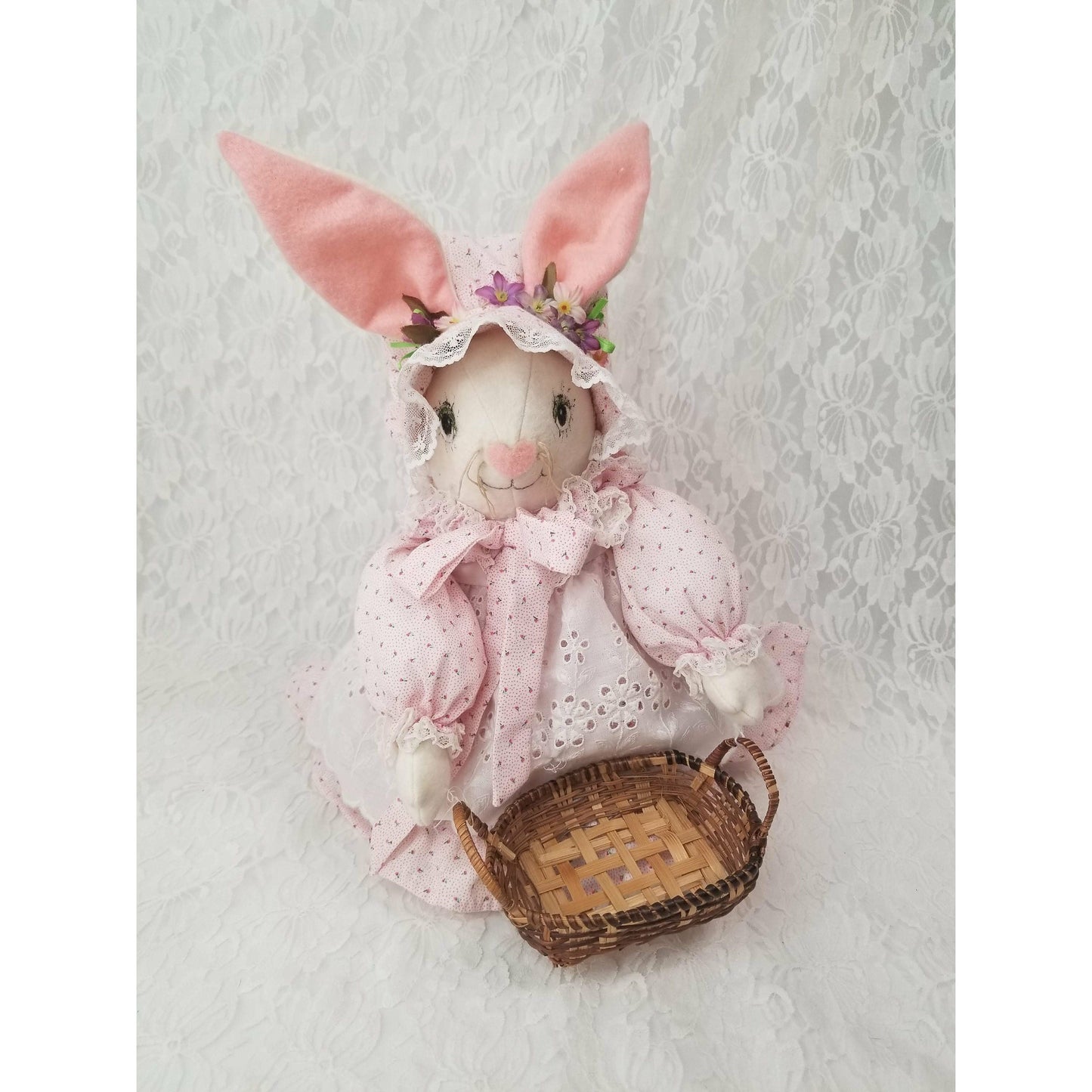 Bunny Rabbit Hare Girl Doll ~ Handmade Vintage 1980s 16" OOAK Cloth ~ Carrying a Wicker Basket ~ Textile Rag Doll