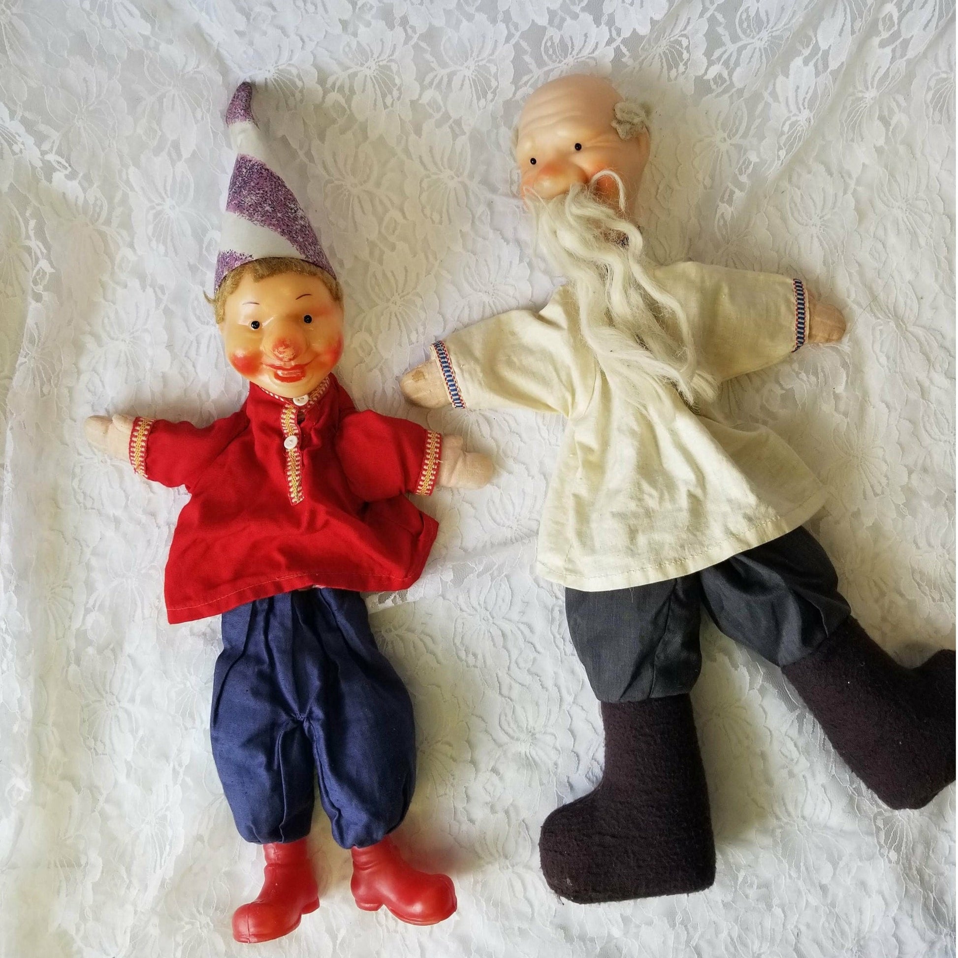 Father and Son ~ Vintage German 1950s Vinyl Plastic Cloth Hand Puppets ~ Mid Century Toys ~ Kitsch Collector Hand Puppets
