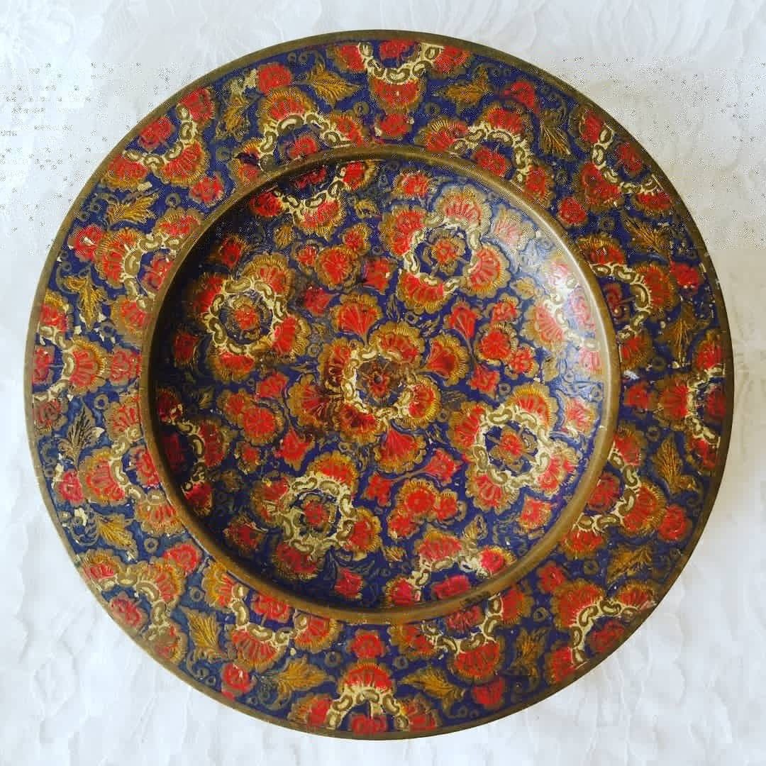 Pedestal Plate Tray Antique Brass Enamel ~ For Altar or Crystal Display ~ 7" wide 1.25" Tall ~ Perfect for Candies, Serving, or Display