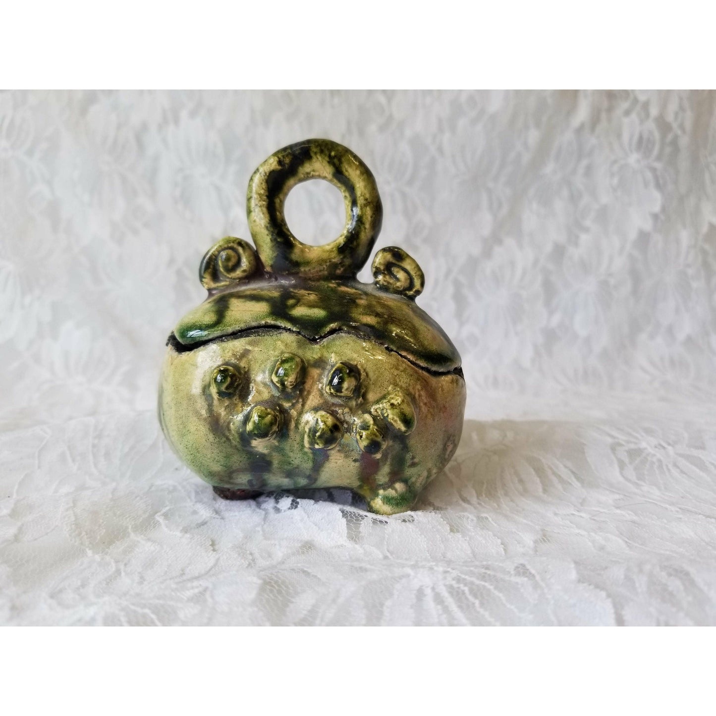 Trinket Box w/ Lid Green Handmade OOAK ~ Amazing Raku Style Pottery ~ Hand Painted ~ Kiln-Fired ~ Art Pottery