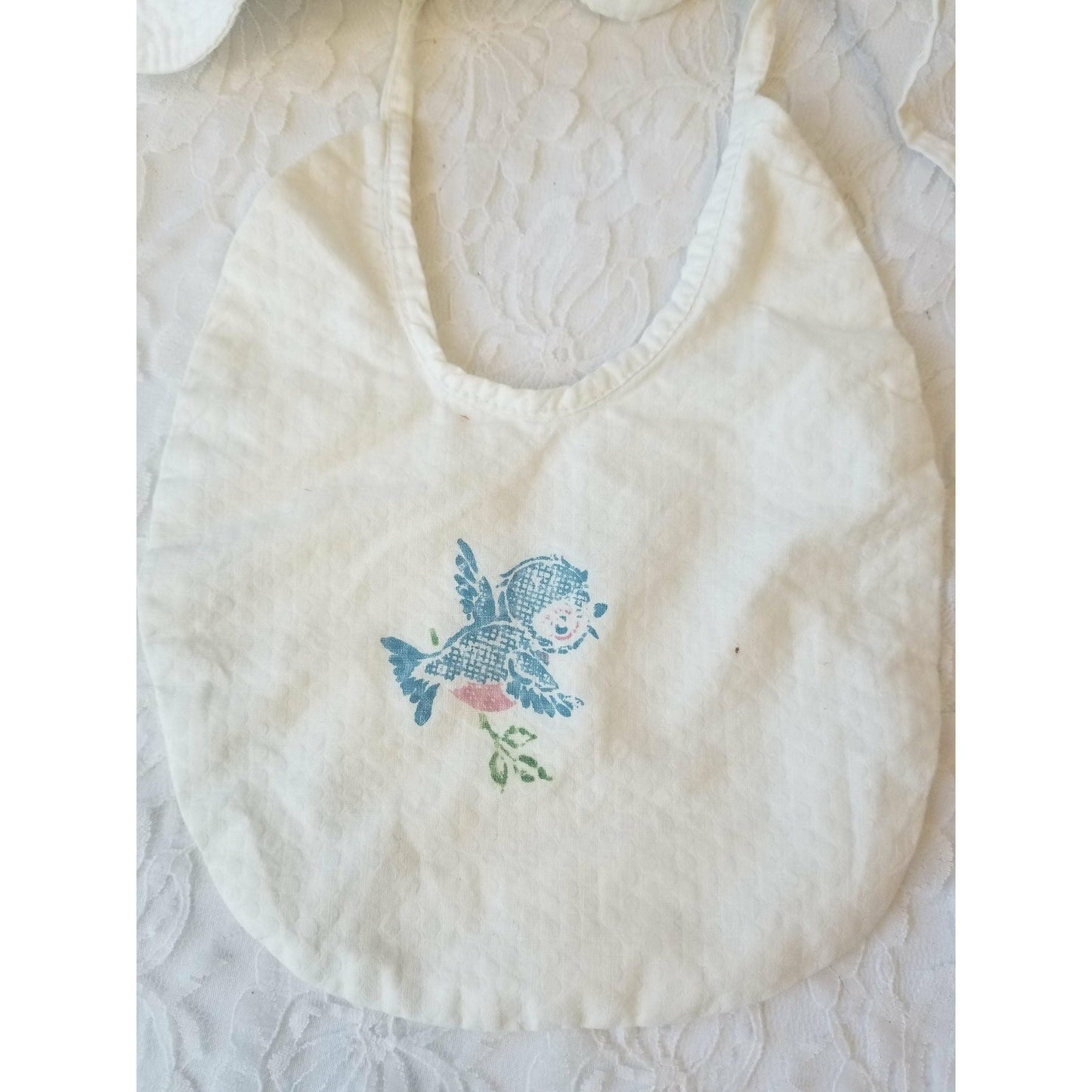 Vintage Baby Seersucker Bib and Bonnet ~ Handmade 1940s with Painted Bluebird and Embroidery