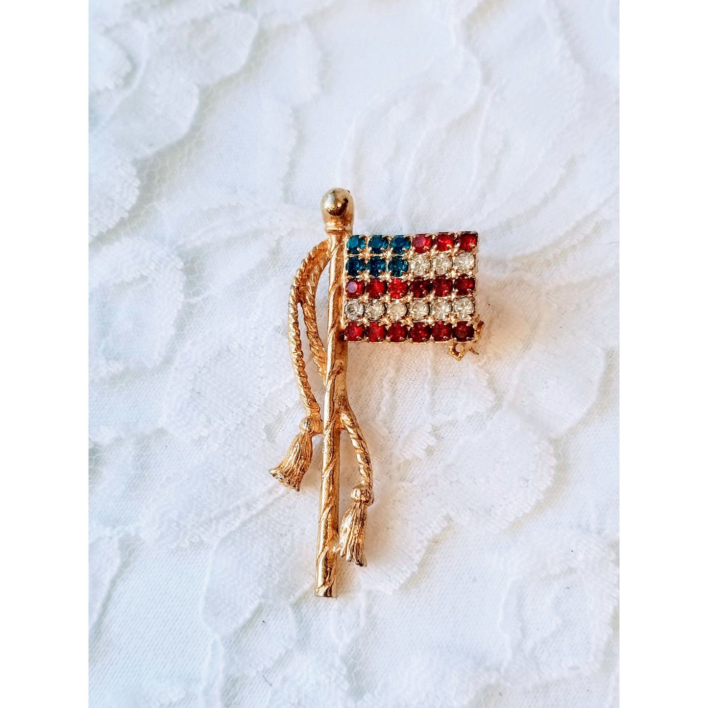 Vintage American Flag Brooch ~ Fourth of July ~ Memorial Day Jewelry ~ Rhinestone ~ Red, White and Blue ~ Gold Tone Pin Brooch