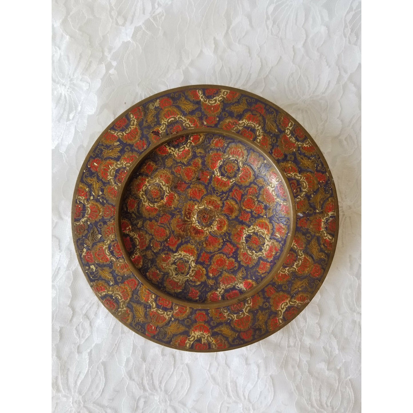 Pedestal Plate Tray Antique Brass Enamel ~ For Altar or Crystal Display ~ 7" wide 1.25" Tall ~ Perfect for Candies, Serving, or Display