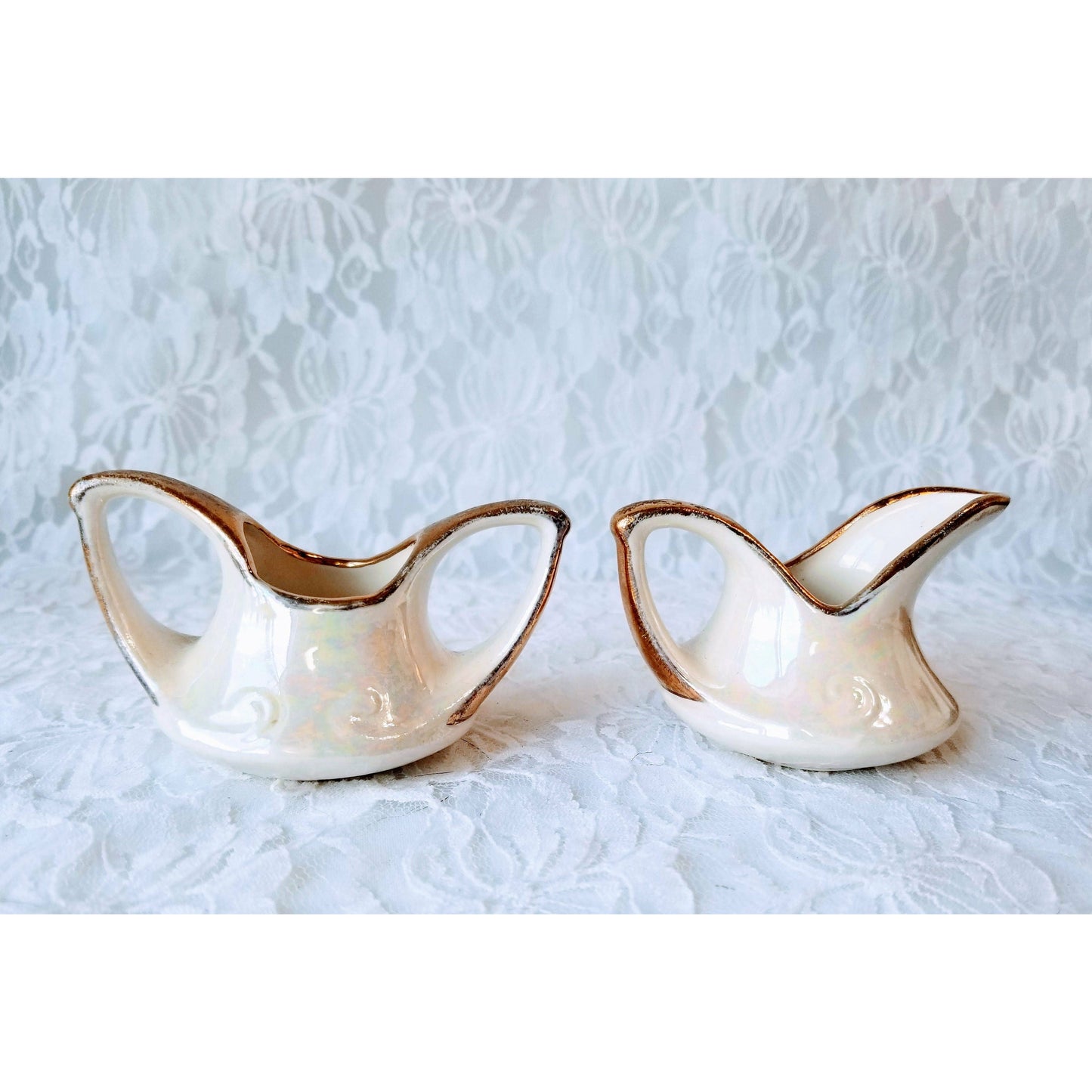 Art Deco Sugar & Creamer Set ~ Vintage Pearl Company 22kt Gold Trim ~ Small Size ~ Lusterware Pearlized White