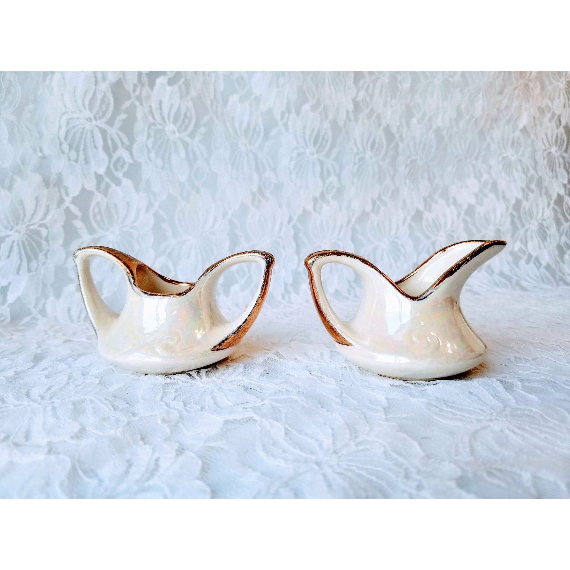 Art Deco Sugar & Creamer Set ~ Vintage Pearl Company 22kt Gold Trim ~ Small Size ~ Lusterware Pearlized White