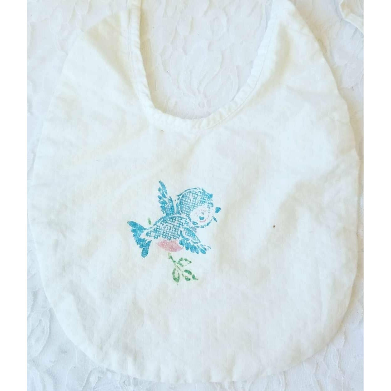 Vintage Baby Seersucker Bib and Bonnet ~ Handmade 1940s with Painted Bluebird and Embroidery