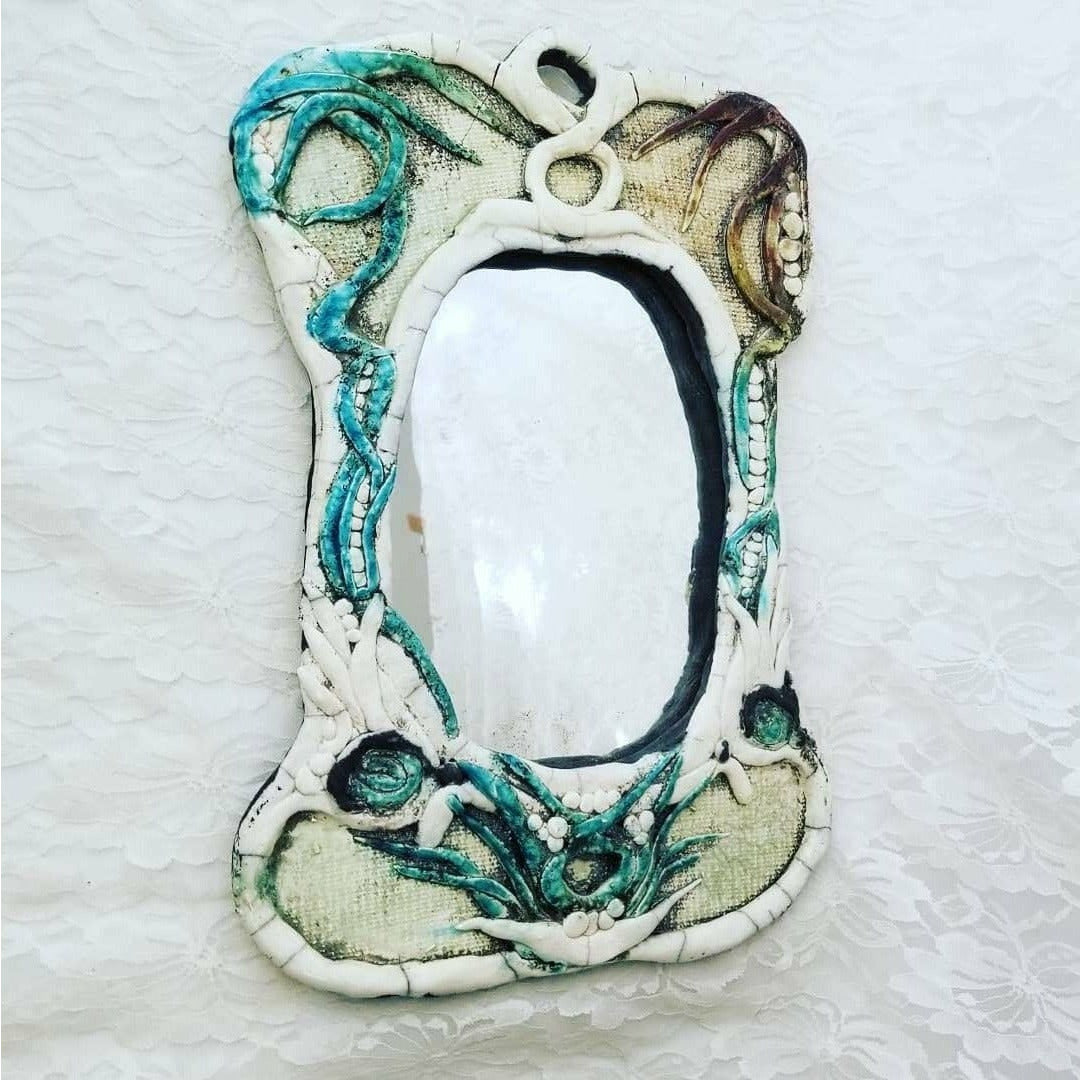 Hanging Mirror ~ OOAK Bohemian Handmade Art Pottery 3D Strange Mirror ~ Ocean Theme? ~ Heavy ~ Unsigned