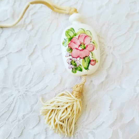 Vintage 1980s AVON Floral Hand Painted Ceramic Porcelain Pendant Silk Tassel Necklace