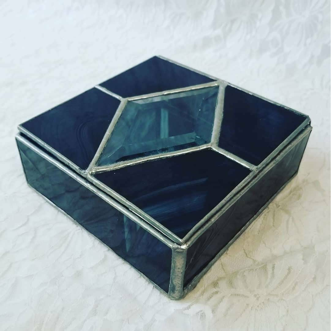 Unique OOAK Stained Glass Soldered Box ~ Mirrored Inside of Box ~ Witches Box ~ Altar Box ~ Dream Box ~ Grey-Black Marbled Glass