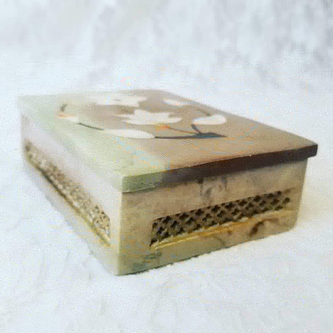 Unique Trinket Box ~ Hand Carved Stone Box ~Vintage Soapstone Carved Jewelry Box Mother of Pearl Inlay ~ Made in India