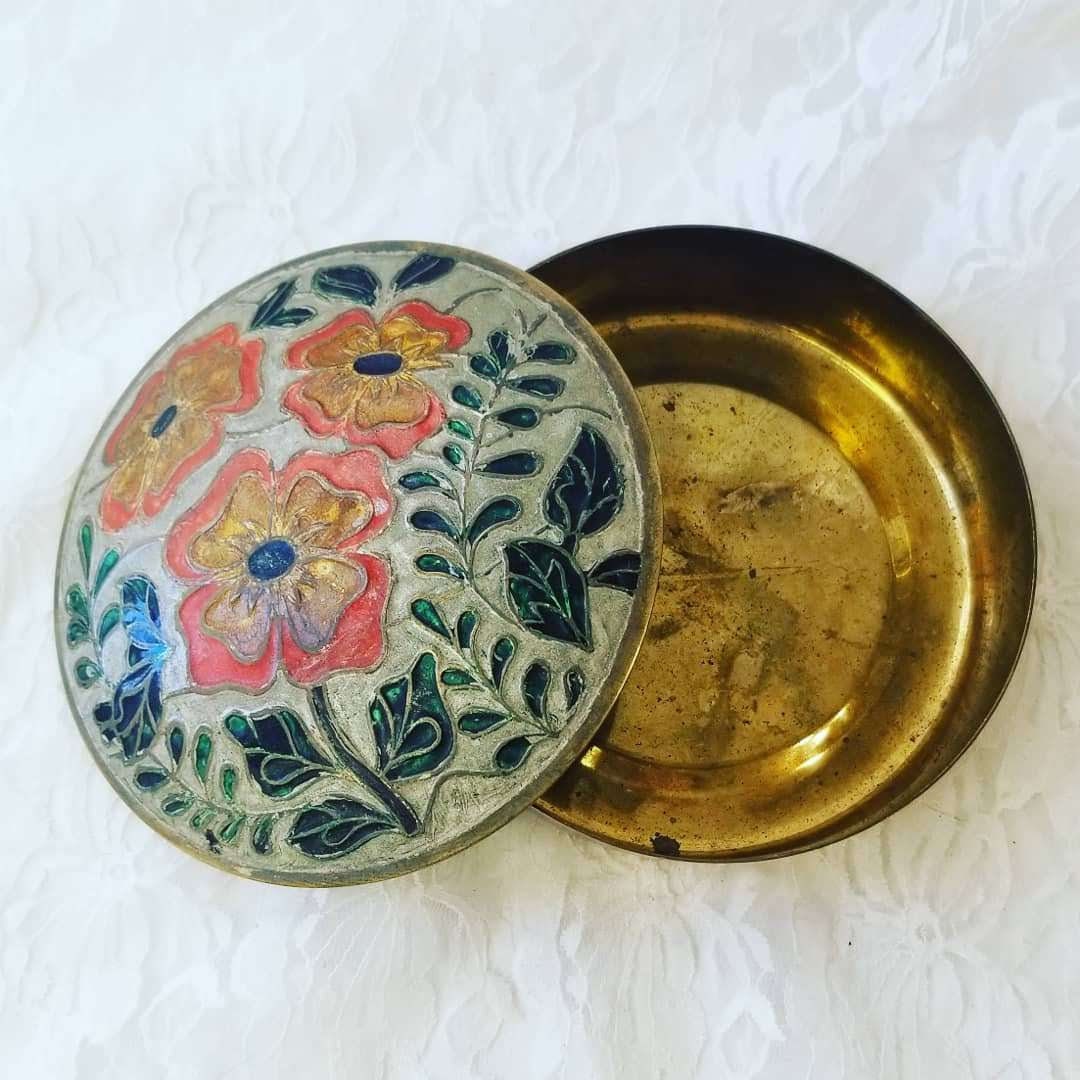 Vintage Trinket Box ~Large Round Brass Enamel Jewelry Box~ Cloisonné ~ Embossed ~ Made in India ~ 5.25" wide