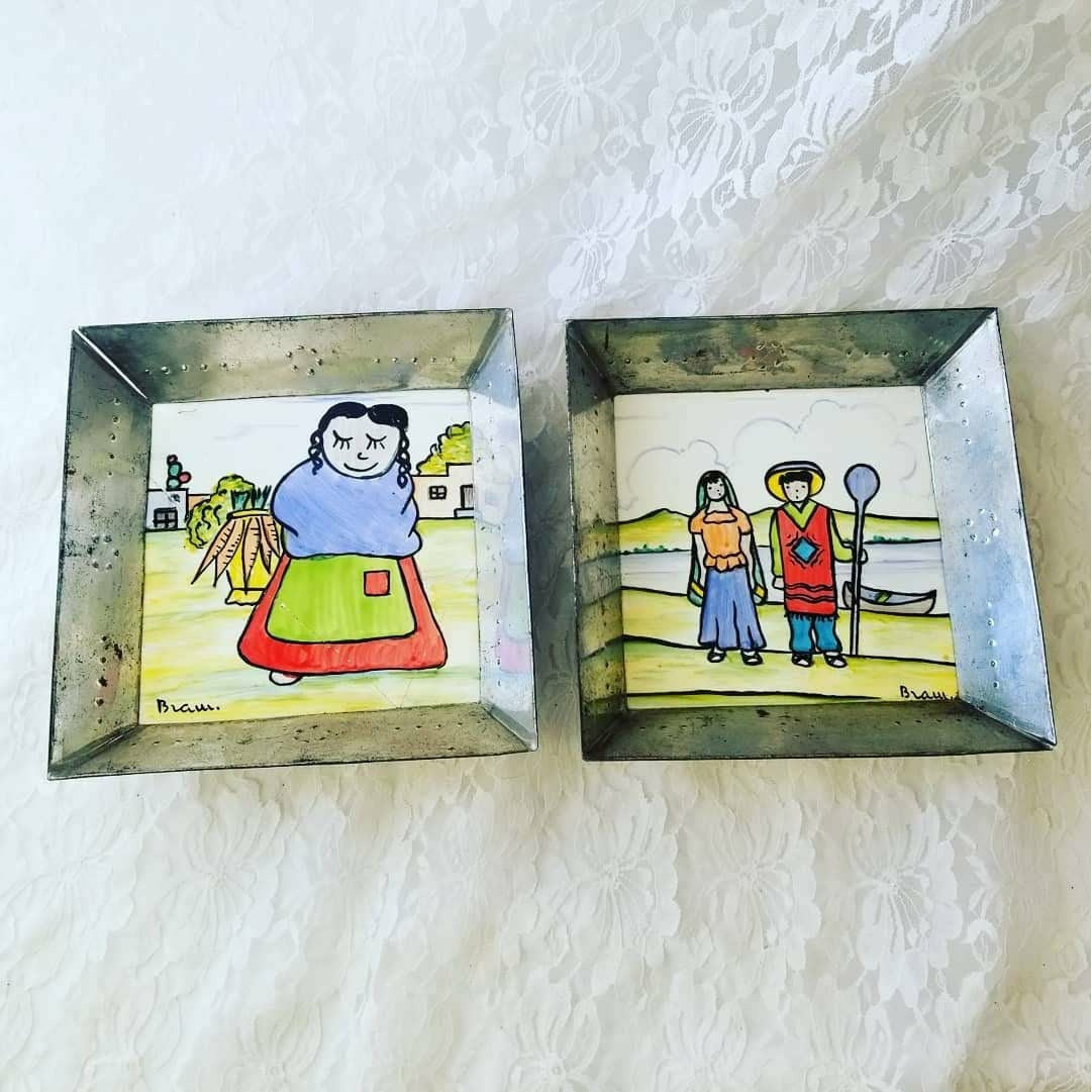 Antique 1900-1940 Pair of Hand Painted Ceramic Tiles Framed By H & R Johnson ~ England ~ Signed Painted Wall Hanging Tile Art