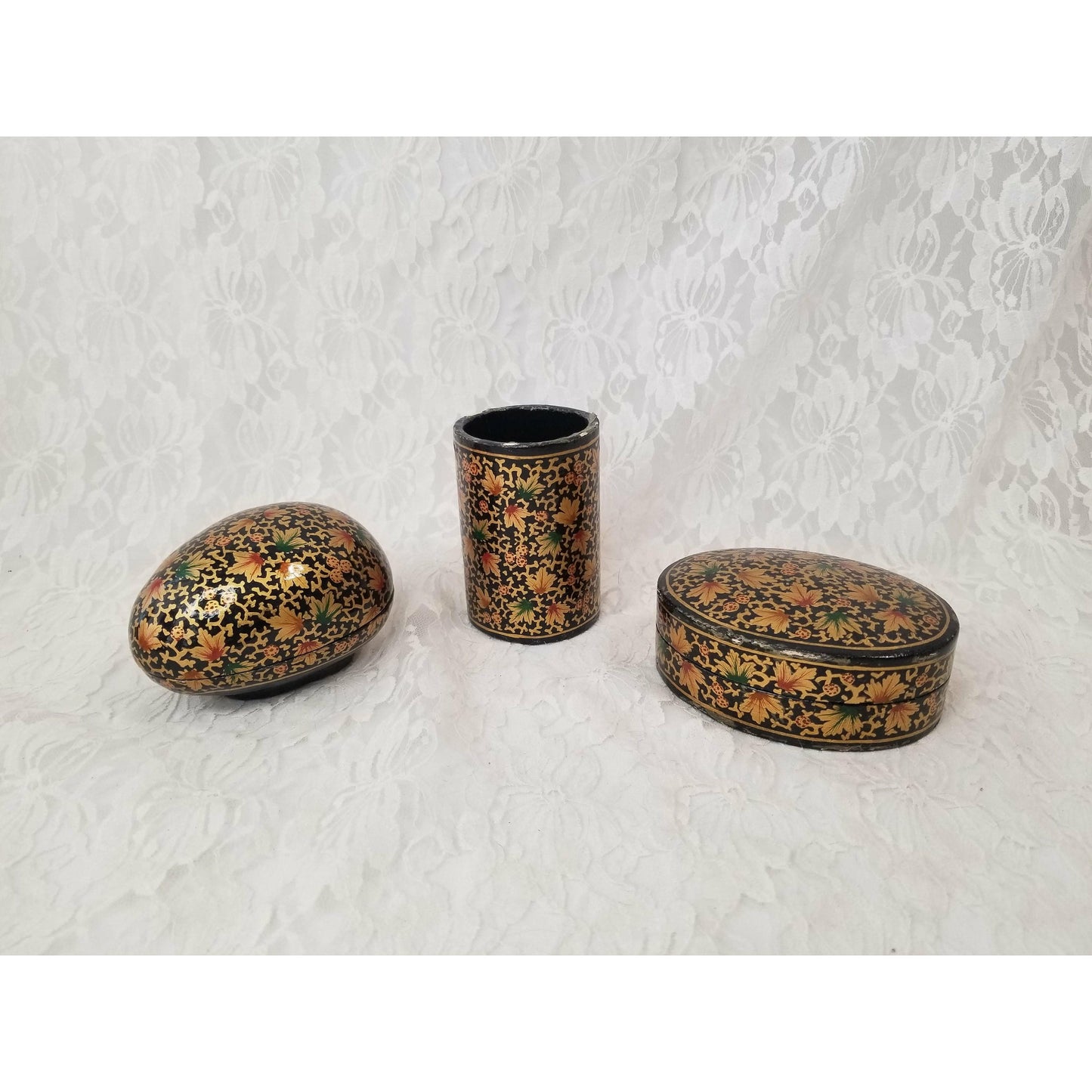 Vintage Hand Painted Persian Kashmir Paper Mache Lacquer Cup and Trinket Box Desk Set ~ Intricate Hand Painted Design ~ RARE Great Condition