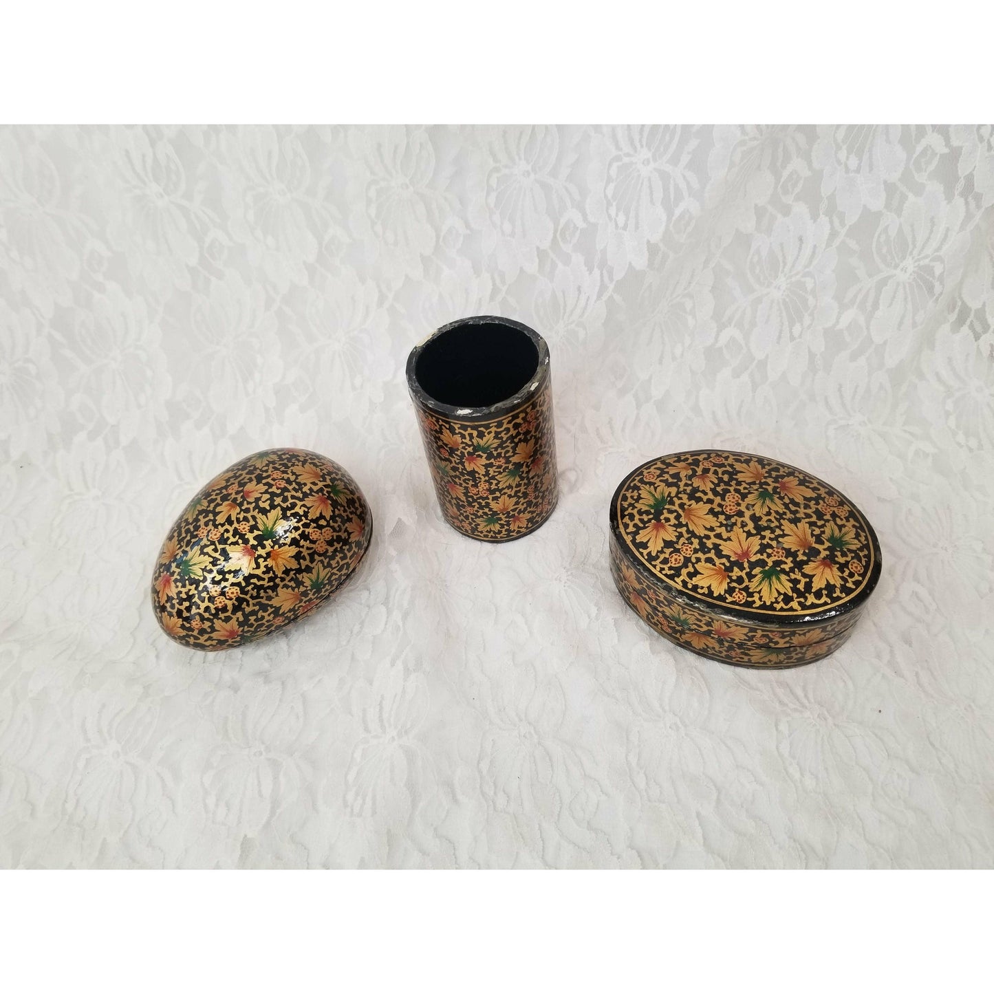 Vintage Hand Painted Persian Kashmir Paper Mache Lacquer Cup and Trinket Box Desk Set ~ Intricate Hand Painted Design ~ RARE Great Condition