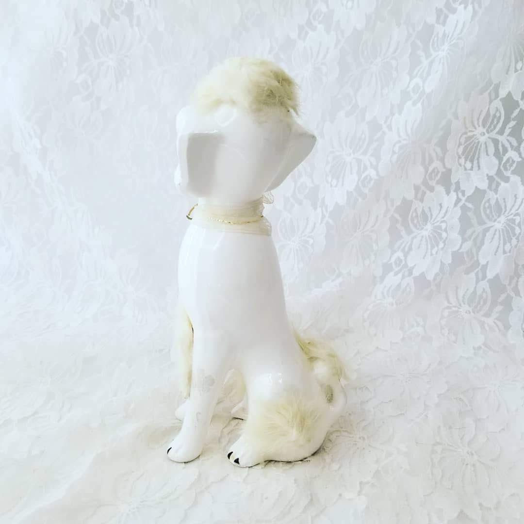 Kitschy Poodle! Vintage 1950s Ceramic Poodle Dog with Real Fur Accents ~ Made in Japan ~ White Bisque ~ Marked