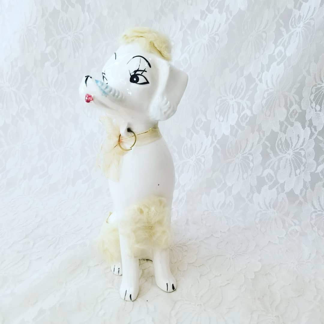 Kitschy Poodle! Vintage 1950s Ceramic Poodle Dog with Real Fur Accents ~ Made in Japan ~ White Bisque ~ Marked