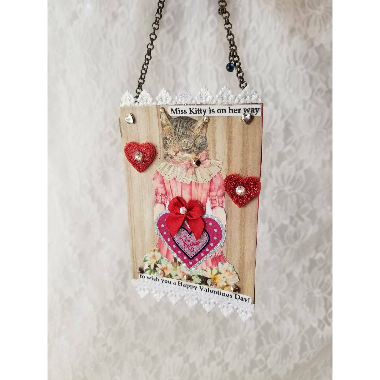 HANDMADE Valentine's Day Art ~ Collage Hanging Card Signed By Artist Donna Sue Martz ~ Assemblage Art ~ Victorian Cat