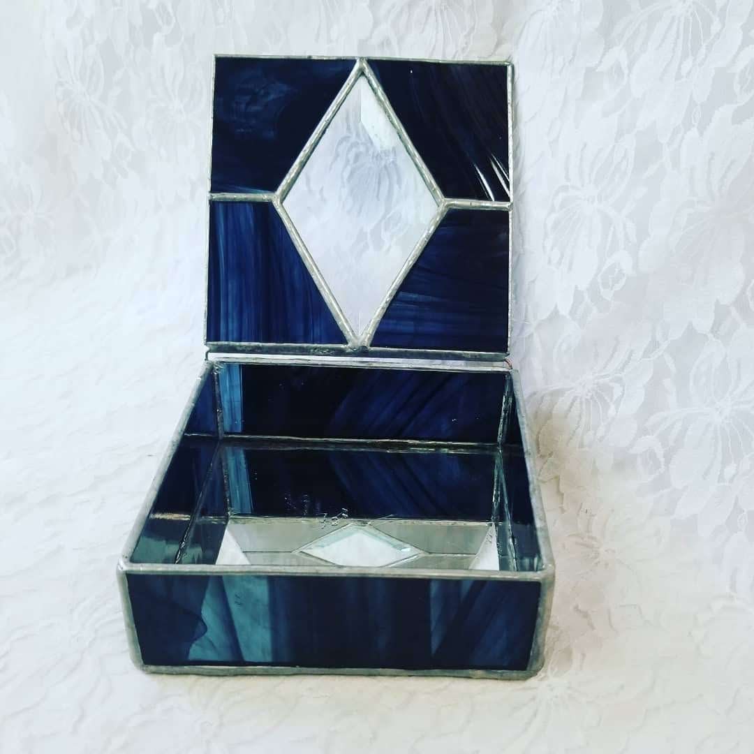 Unique OOAK Stained Glass Soldered Box ~ Mirrored Inside of Box ~ Witches Box ~ Altar Box ~ Dream Box ~ Grey-Black Marbled Glass