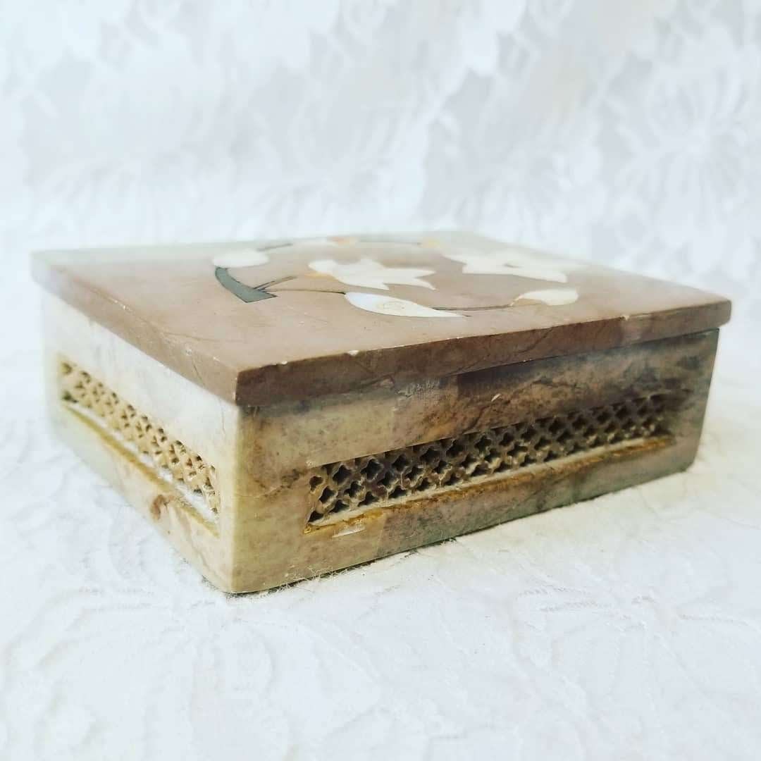 Unique Trinket Box ~ Hand Carved Stone Box ~Vintage Soapstone Carved Jewelry Box Mother of Pearl Inlay ~ Made in India