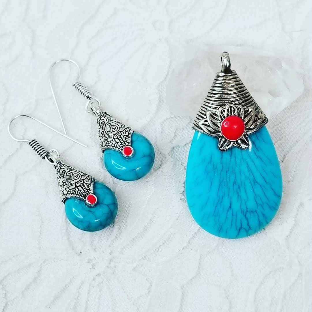 Santa Rosa Turquoise Earrings and Pendant Jewelry Set ~ REVERSIBLE ~ Red Coral / Blue Lapis AMAZING! 