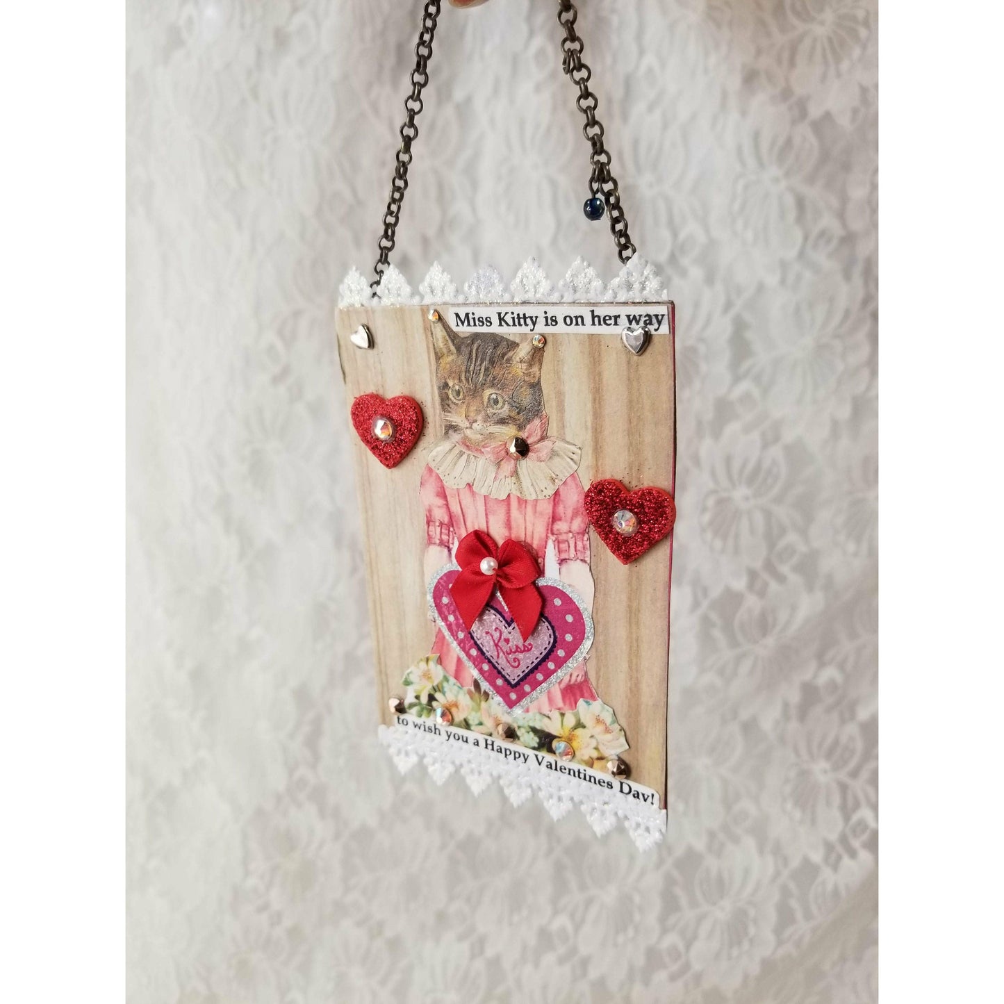 HANDMADE Valentine's Day Art ~ Collage Hanging Card Signed By Artist Donna Sue Martz ~ Assemblage Art ~ Victorian Cat