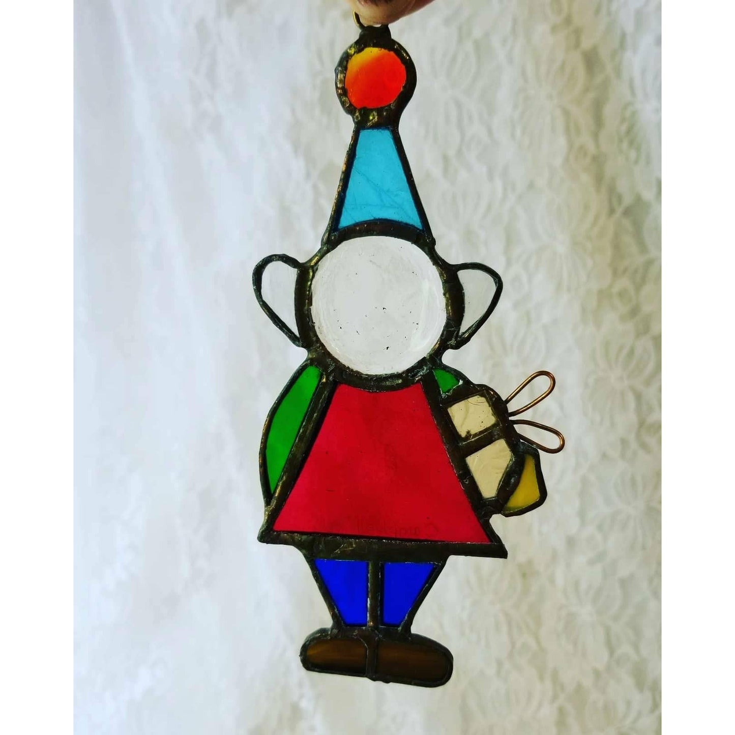 Suncatcher ~ Vintage Stained Glass Christmas Elf Birthday Elf ~ Wall Hanging Suncatcher ~ OOAK Handmade