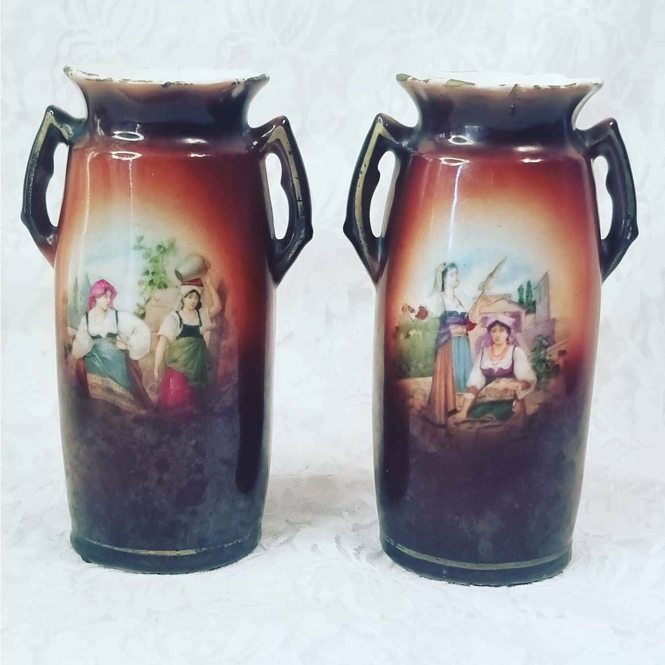 Set of 2 Vintage 1920s Vases with Handles ~ Bohemian Hand-Painted Art ~ Collectible Vases ~ Made in Czechoslovakia ~ 5.5" Tall