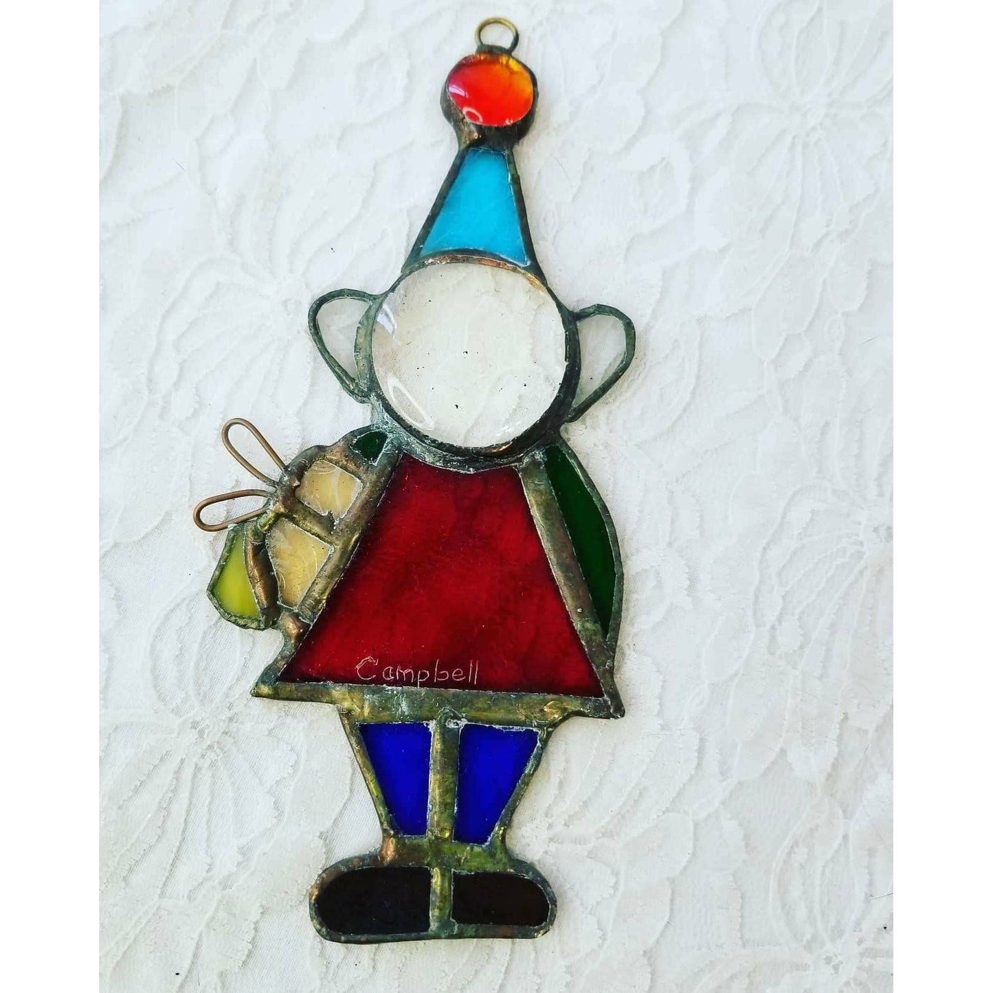 Suncatcher ~ Vintage Stained Glass Christmas Elf Birthday Elf ~ Wall Hanging Suncatcher ~ OOAK Handmade