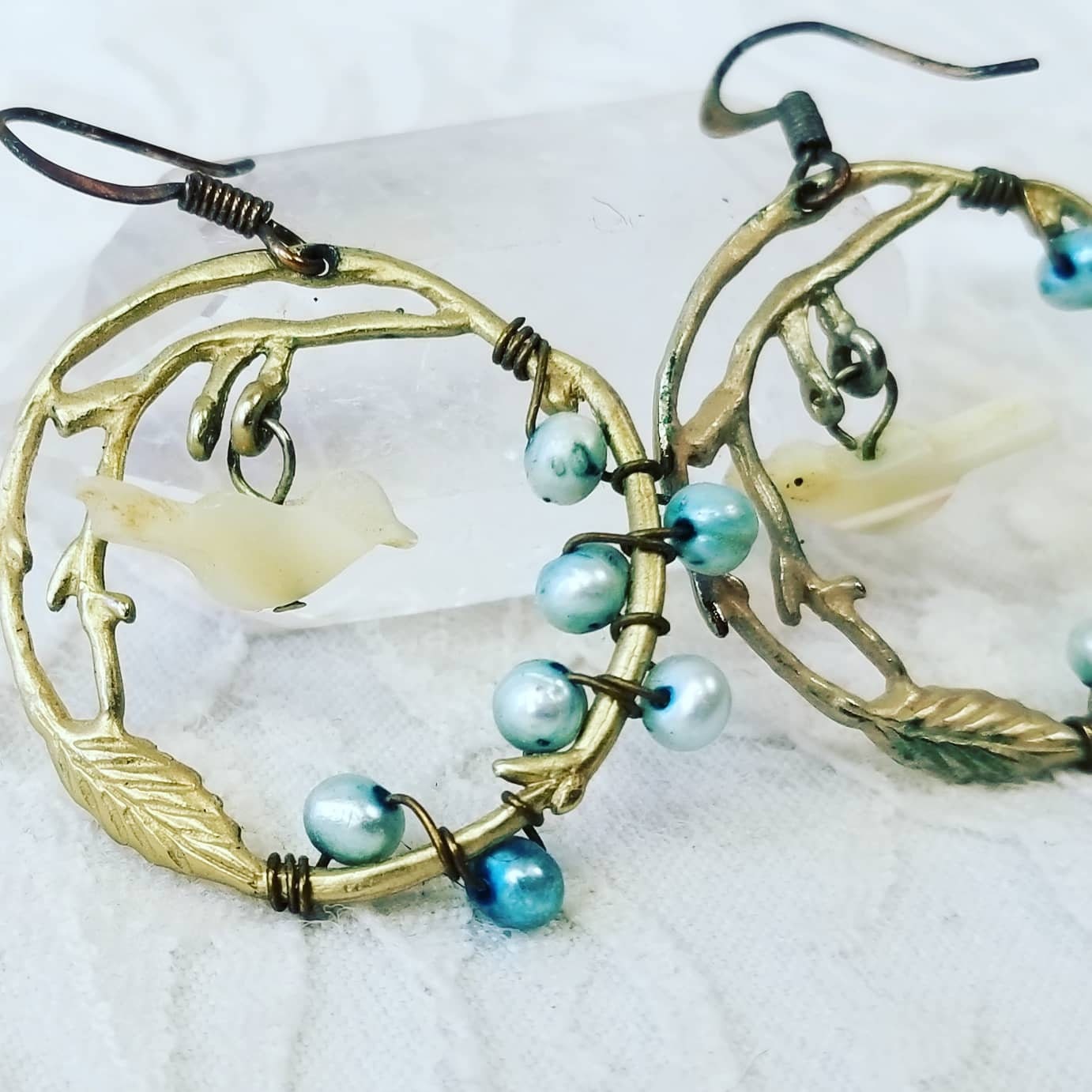 Handmade Blue Pearl Beads on Brass Twig Earrings with Mother of Pearl Birds